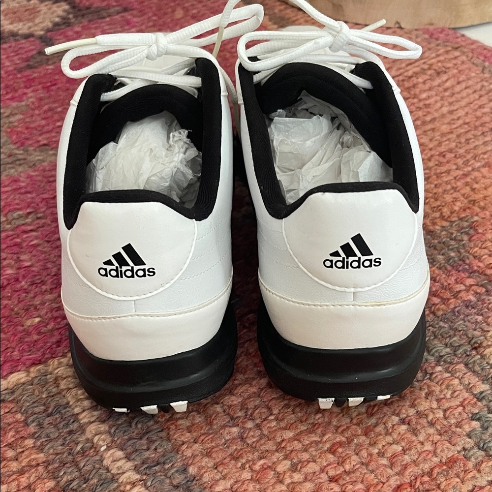 adidas White and Black Men's Golf Shoes with Signature Three Stripes - Picture 3 of 5